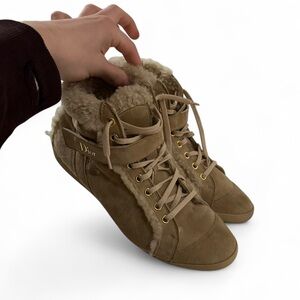 NEW Dior Women's Tan Suede Shearling High-Top Sneakers with Gold-ToneEyelets y2k